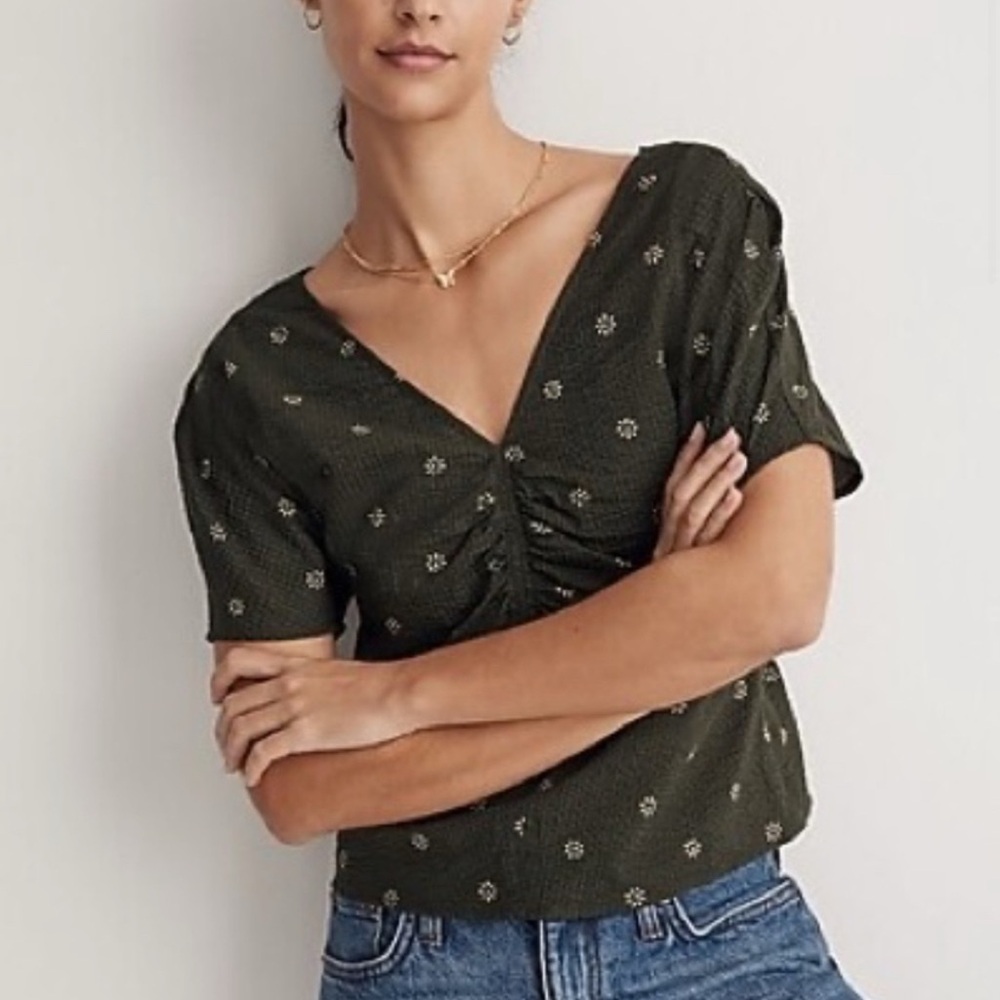 Madewell Green Flutter Sleeve Fitted Blouse